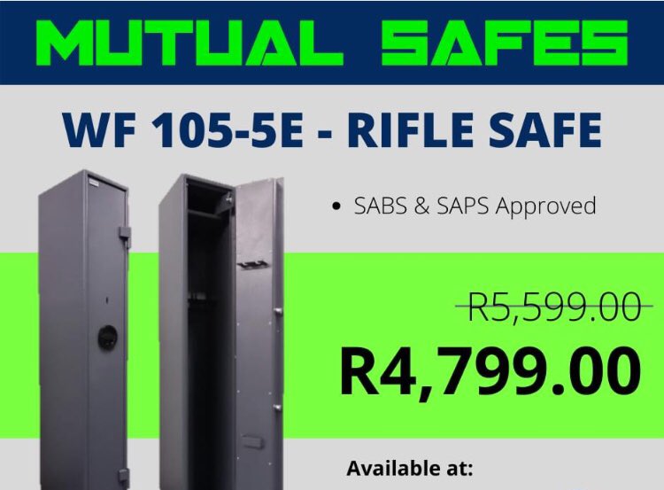 ON SALE!
WF 105-5E 3 Gun Rifle Safe
Available at: pensafe.co.za
021 931 9404
No.9 Tee Jay Road, Brackenfell
hector@pensafe.co.za