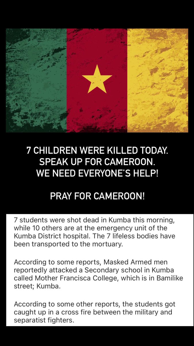 7 CHILDREN MURDERED TODAY. OH MY GOD!
SPEAK UP ABOUT CAMEROON. WE NEED EVERYONEโS HELP ๐ญ#Cameroon #AnglophoneCrisis https://t.co/pQ9pbsVl9J