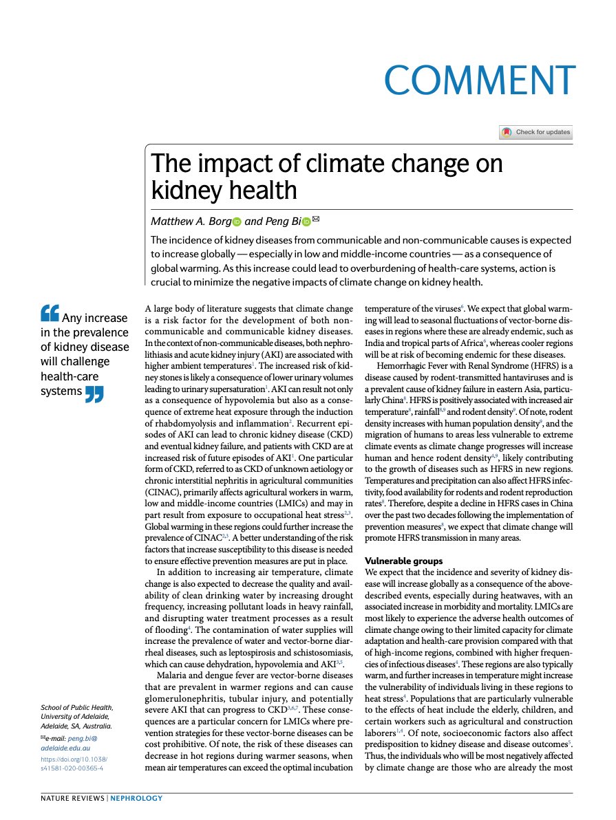 The incidence of  #kidneydiseases from communicable and non-communicable causes is expected to increase globally as a consequence of global warming. Read Matthew A. Borg on  @NatRevNeph on  #UNDay  https://www.nature.com/articles/s41581-020-00365-4  #NCDs  #buildbackbetter  #kidneyhealth  #SDGs  #KidneyWk