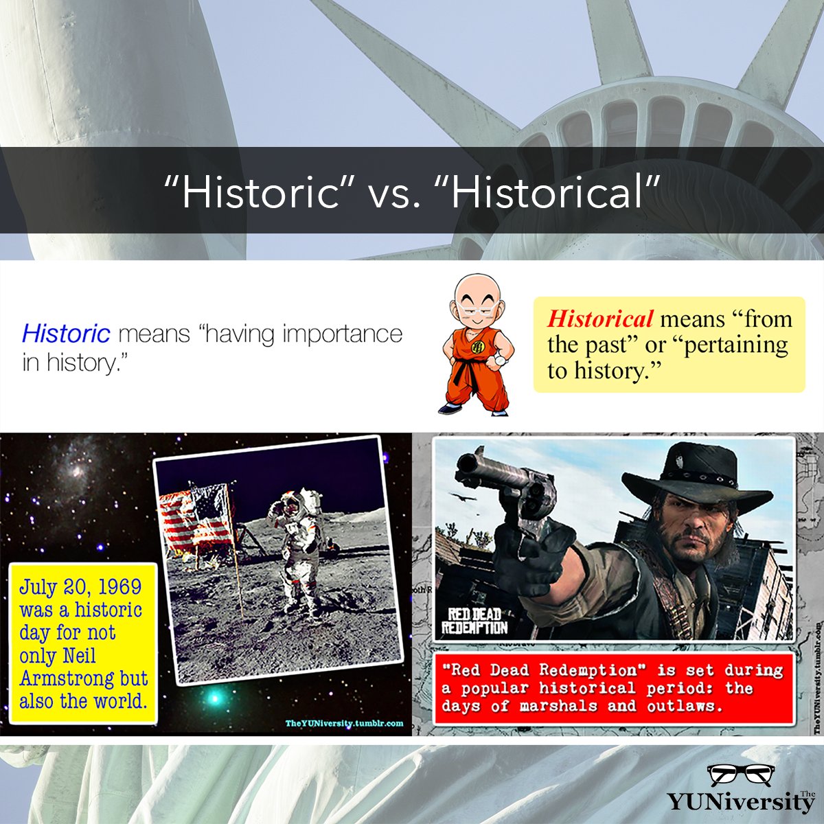 The_YUNiversity's tweet photo. Historic = important in history: Waterloo was a *historic* battle. 💂

Historical = relating to past events: Jo studies *historical* texts about monsters and wizards. 👩🏻‍🎓📜🧛‍♂️🧙‍♂️

#vocabulary https://t.co/xMC9HwIcZM