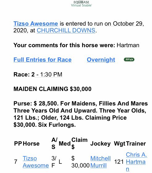 AwsomeTizso's tweet photo. TA will race on Thursday ⁦@ChurchillDowns⁩. 6 furlong dash with a purse of $28.5K. https://t.co/ZgwGeI5xiU