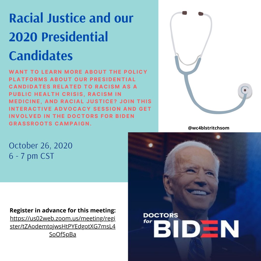Want to learn more about the policy platforms of our presidential candidates related to racism in medicine? 

Join us in our "Doctors for Biden" event! 
When? Oct 26, 2020 6 PM CST 
RSVP: bit.ly/3ksCCt9
