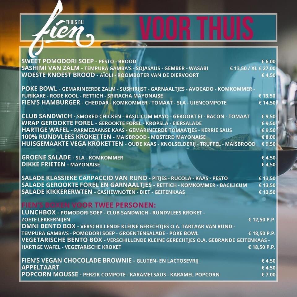 Morgen geen zin om te koken? Of alvast eten regelen voor een andere dag? Bestel ‘Fien voor Thuis’! Thuisbijfien.nl
Donderdag tot en met zondag van 11.00 uur tot 20.00 uur. Afhalen en bezorgen kan!
📞 024-6450005
info@thuisbijfien.nl
#bezorgen #afhalen #dinner