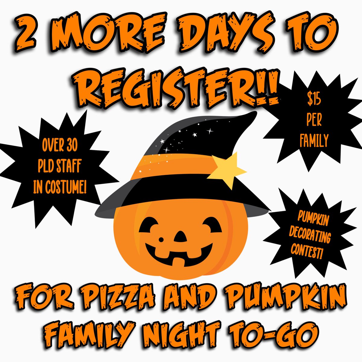 PLDPTO's tweet photo. 👻2 MORE DAYS TO REGISTER!!🎃

Don’t miss out on the Halloween fun! #
$15 includes a coupon for a large plain pizza 🍕(pickup or delivery) and a large pumpkin 🎃 to decorate for the pumpkin decorating contest!

MORE INFORMATION: https://t.co/xkdwGmghWx https://t.co/Eax8mzA4J0