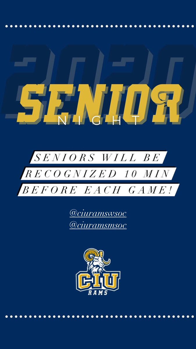 SENIOR NIGHT! 🔥Seniors will be recognized today before each game! <a href="/CIUWomensSoccer/">CIU Women's Soccer</a> @ 4:50PM and <a href="/CIUMensSoccer/">CIU Men's Soccer</a> @ 6:50PM! BE THERE! 🐏 #CIURamsAthletics