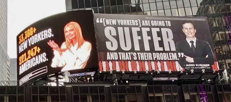 Keith Olbermann (@keitholbermann) on Twitter photo PLEASE DON’T RT THIS:
As you may have heard, Mr and Mrs Living Dead, <a href="/IvankaTrump/">Ivanka Trump</a> and Jared “Damien” Kushner have threatened to sue <a href="/ProjectLincoln/">The Lincoln Project</a> for this factually accurate NYC billboard.
WHATEVER YOU DO do NOT RT this image. It’d really piss off Fascism Barbie and Damien. PLEASE DON’T RT THIS:
As you may have heard, Mr and Mrs Living Dead, <a href="/IvankaTrump/">Ivanka Trump</a> and Jared “Damien” Kushner have threatened to sue <a href="/ProjectLincoln/">The Lincoln Project</a> for this factually accurate NYC billboard.
WHATEVER YOU DO do NOT RT this image. It’d really piss off Fascism Barbie and Damien.