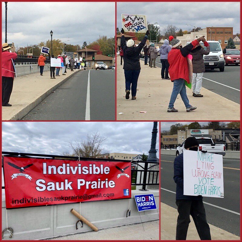 IndivisSP's tweet photo. Great turnout at the bridge rally this morning! At least 30 of us! We need to keep encouraging everyone to vote. #GOTV2020 #Election2020  #BlueWave2020 #indivisible https://t.co/zaUInwu8SL