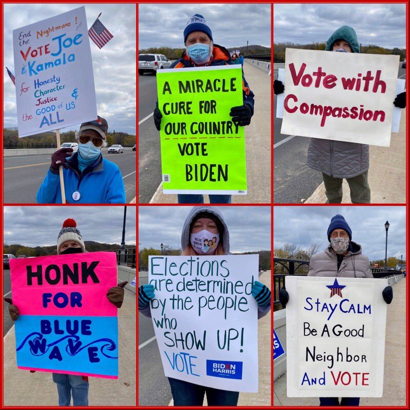 IndivisSP's tweet photo. Great turnout at the bridge rally this morning! At least 30 of us! We need to keep encouraging everyone to vote. #GOTV2020 #Election2020  #BlueWave2020 #indivisible https://t.co/zaUInwu8SL
