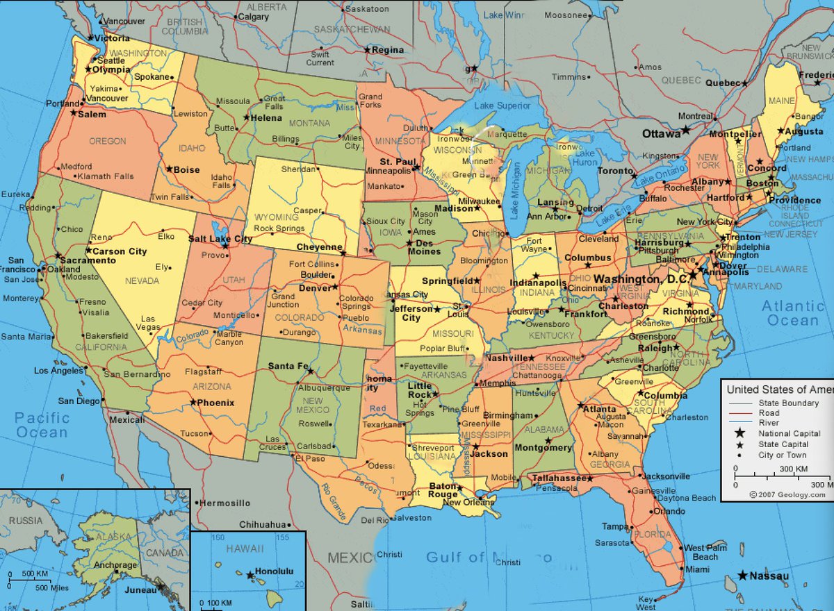Condensed map of America with Dakotas, Nebraska and Oklahoma removed