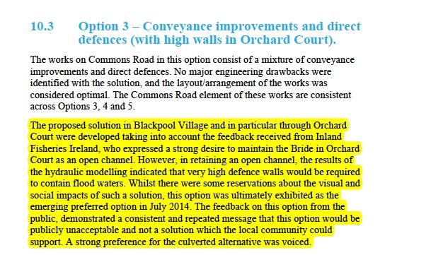Here's the reason given as to why the open (walled) solution was rejected in favour of a culvert (closed) as shown in the jan 2016 Options Report. There is no reference to walls violently overtopping here.