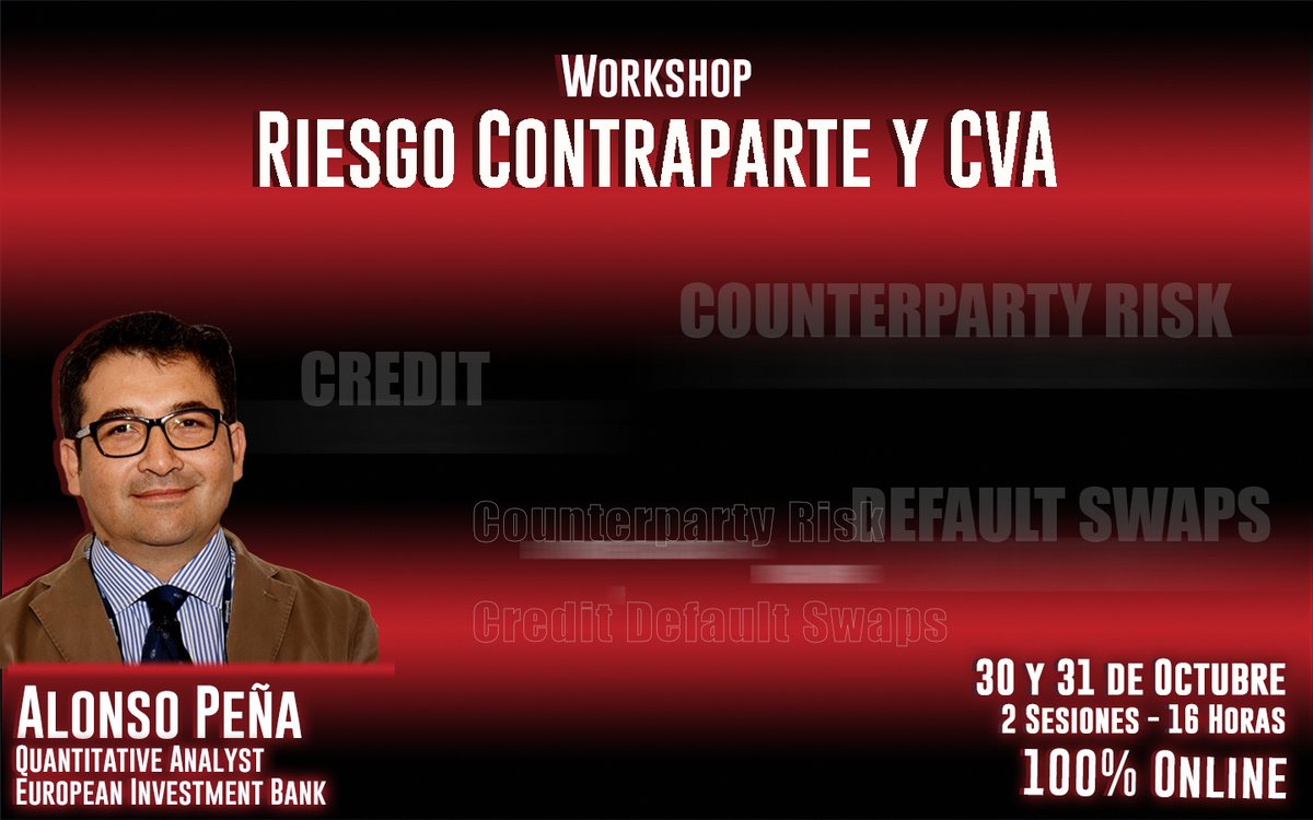 RiskMathicsFI's tweet image. #RMTC2020 #AlonsoPeña #workshop
riskmathics.com/landing/RCVA_2…
En este curso estudiaremos el riesgo contraparte, iniciando con los modelos matemáticos del #crédito, y llegando a calcular el #CVA de forma práctica para un interest rate swap utilizando #Excel, #Matlab y #Python.