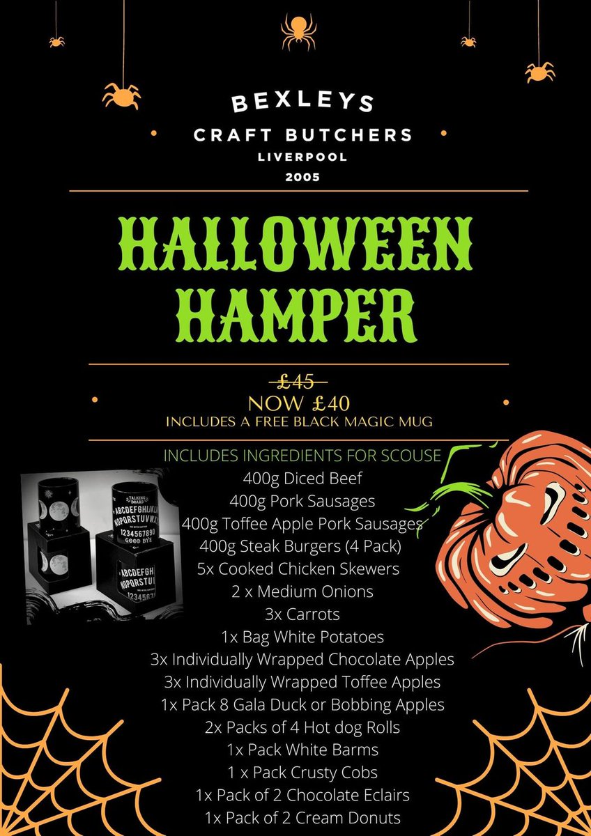 BexleysButchers's tweet photo. ARE YOU HALLOWEEN READY?! 🕷

Available to order now on our website for delivery Thursday 29th - Saturday 31st 🎃🕸

https://t.co/m9VikPnziL https://t.co/yDmy0zB5NN