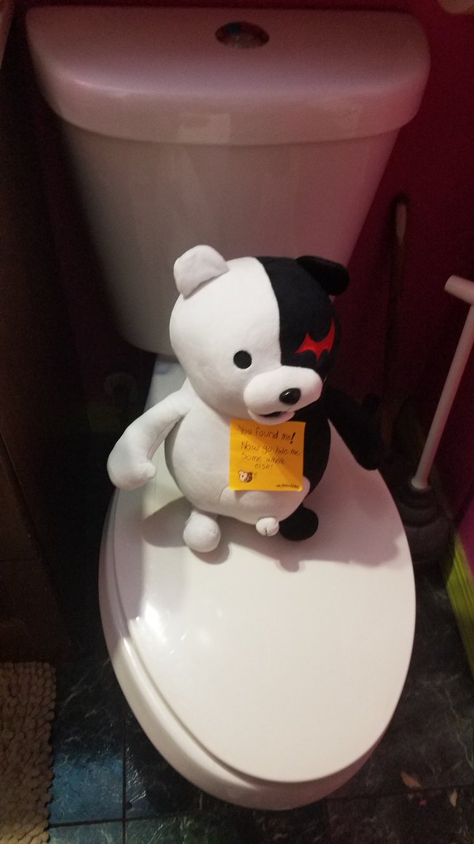 Hiding monokuma around my house for someone else to find him and hide him while my parents are out of townDay: 2Current location: upstairs bathroom Hider: myself(Had to move him because nobody found him in the previous room.)