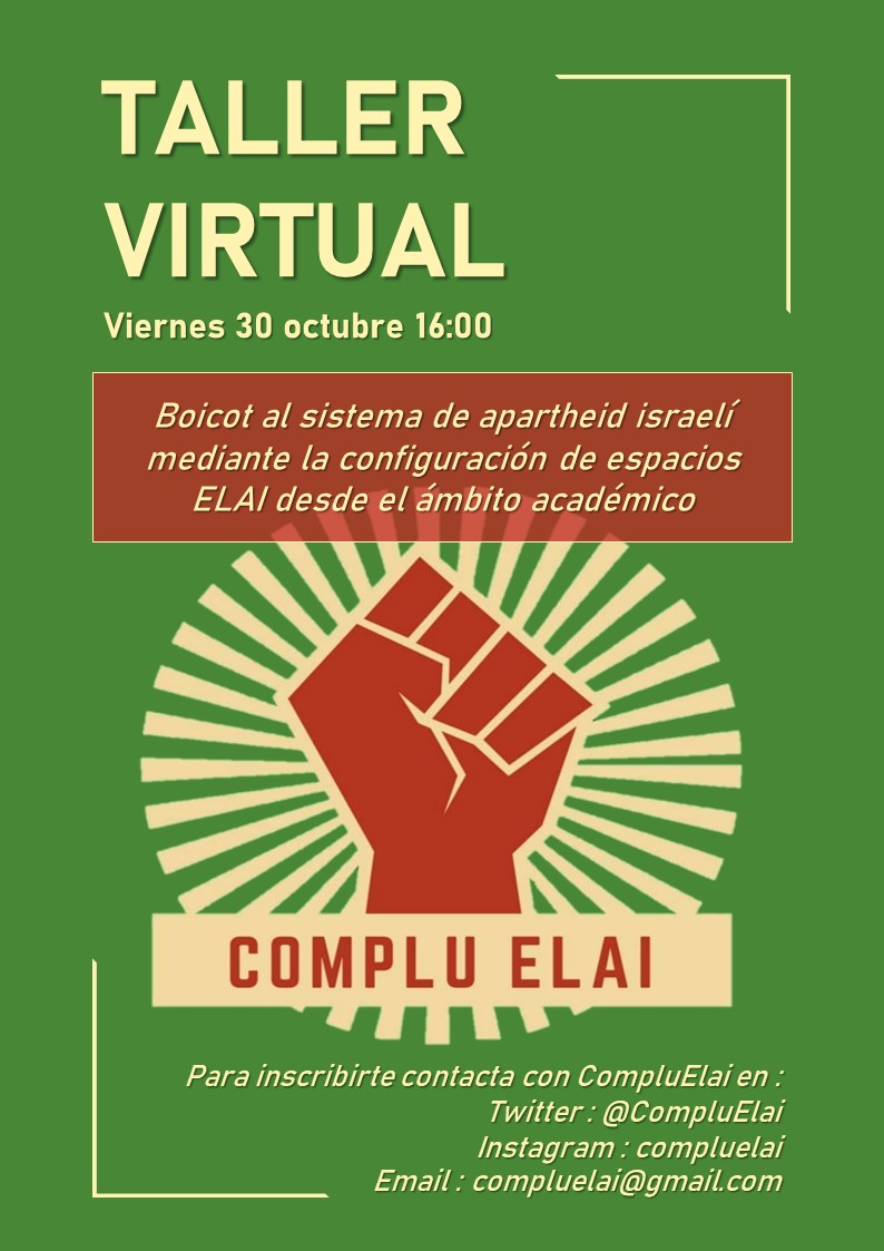 ¡Volvemos con las pilas recargadas! El próximo viernes charlaremos sobre qué es un ELAI, cuál es el papel de las estudiantes y la Universidad en la lucha por el pueblo palestino y por qué la <a href="/unicomplutense/">Complutense</a> tiene que declararse Espacio Libre de Apartheid Israelí. ¡No faltéis!