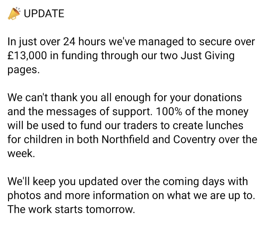 📣 UPDATE

Donation Links -

Northfield 👉 bit.ly/3krxZzB

Coventry 👉 bit.ly/2IXLOYp