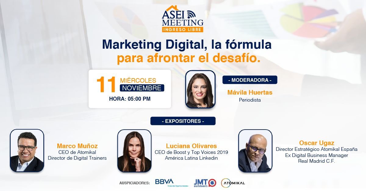 Atomikal's tweet photo. Felices de auspiciar el Webinar "Marketing Digital, la fórmula para afrontar el desafío". Con las  ponencias de @luolivaresc, @macrommc , @oscarugaz  y la moderación de @MavilaHuertasC. Los esperamos este 11 de Noviembre a las 5pm.
Regístrate aquí: https://t.co/nEp5gpaTte https://t.co/xR7WXnIV3j