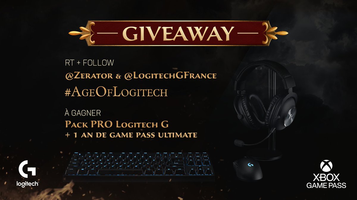 Avec originalité &amp; enthousiasme, nous souhaitons te proposer de gagner un pack PRO complet Logitech G et 1an d'Xbox Game Pass Ultimate !
Pour participer :
- RT ce tweet.
- Follow <a href="/ZeratoR/">ZeratoR</a> &amp; <a href="/LogitechGFrance/">Logitech G France</a>.
- Raconte ton meilleur souvenir sur AOE avec le hashtag #AgeOfLogitech.