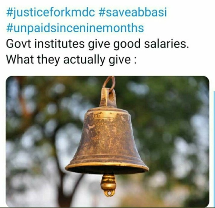 dr_ayasha's tweet photo. We don't need this ghanta
We need salaries

#saveabbasi #justiceforkmdc
@BBhuttoZardari @CM_Sindh @MJibranNasir @HamidMirPAK @WaseemBadami @junaidakram83 @ZakaWaqar @iqrarulhassan https://t.co/noaG8RRZ7l