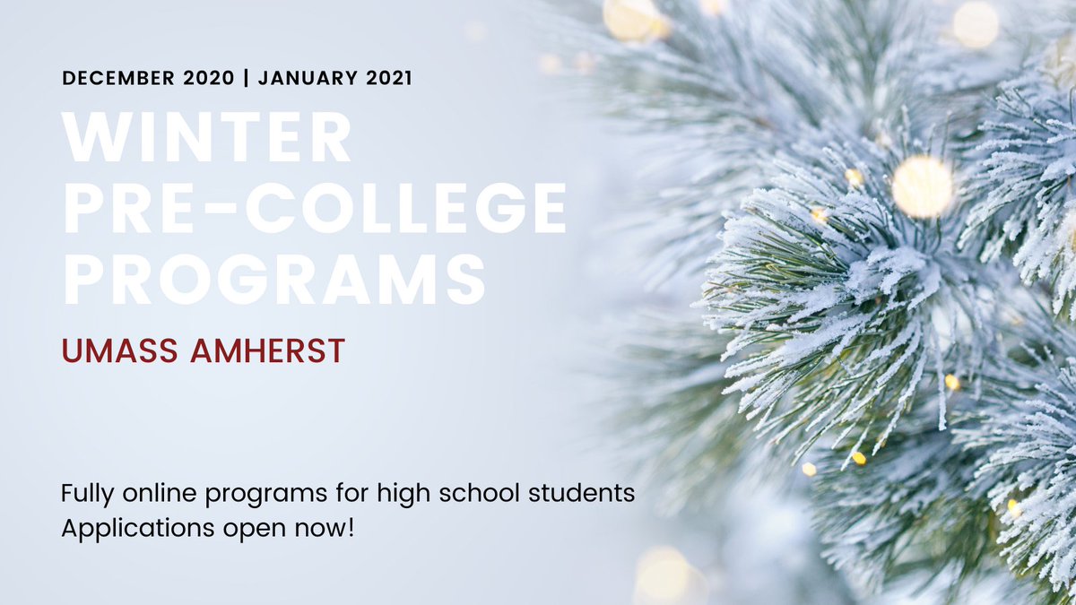 Winter Pre-College programs are available this December &amp; January at <a href="/UMassAmherst/">UMass Amherst</a>! Fully online &amp; open to high school students grades 9 - 12. Applications open now through December. umass.edu/uww/programs/p… #precollege