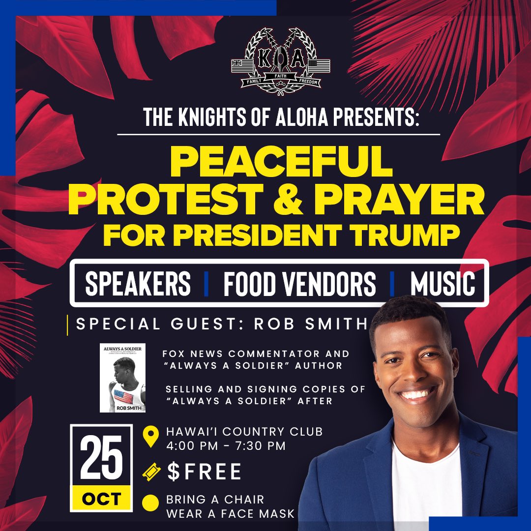 robsmithonline's tweet photo. HAWAII! 

I’ll be speaking and selling copies of #AlwaysASoldier at a FREE event tomorrow for all freedom loving Hawaiians!

I hope to see you there! https://t.co/xscC1LN0Js