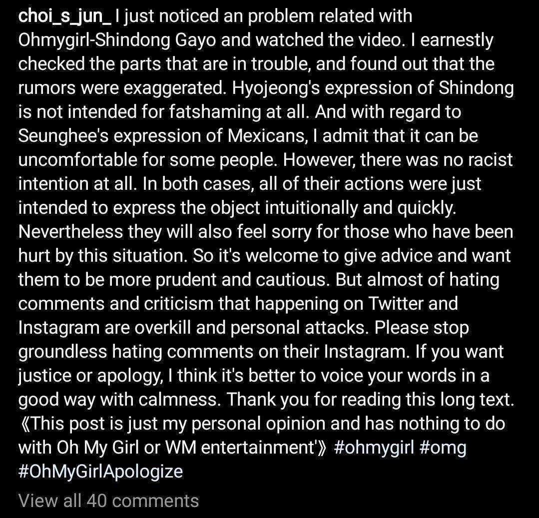 People took the hate against Oh My Girl too far & harassed the groups family members. Arin’s brother posted this on Instagram, however he had to add the last bit as WM will not allow the girls to apologise. But from the way he worded it, you can see the girls want to apologise.