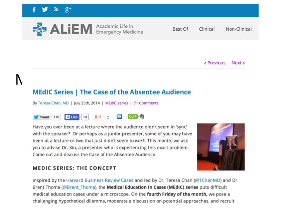 My predilection towards  #FOAMed pre-dates my work in traditional academia. Before  @MacPFD, I apprenticed under  @M_Lin  @ALiEMteam. (Learn more about ALiEM: )Here I got to run the MEdiC series for five years with a fine team.  http://aliem.com/medic 