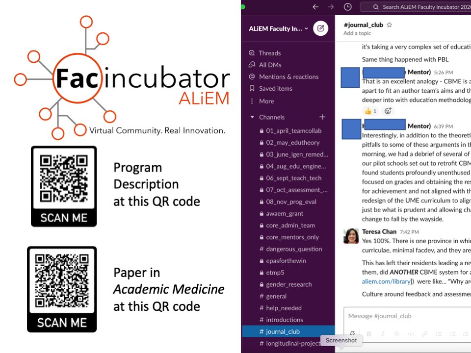 We also must connect virtual communities of practice to build capacity WITHIN our groups.Examples: @IFEM2WhatsApp @MacEmerg faculty using to connect with others across country (e.g.  @CAEP_Docs) @ALiEMFac( http://aliem.com/faculty-incubator) #MedTwitter Read:  https://jgme.org/doi/pdf/10.4300/JGME-D-18-01093.1