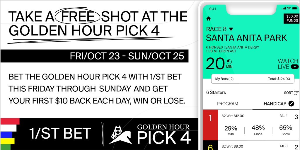 santaanitapark's tweet photo. Bet the Golden Hour Pick 4 with 1/ST BET this now through Sunday and get your first $10 back each day, win or lose.
https://t.co/sB5yxopLYX https://t.co/WhqV46KZGo