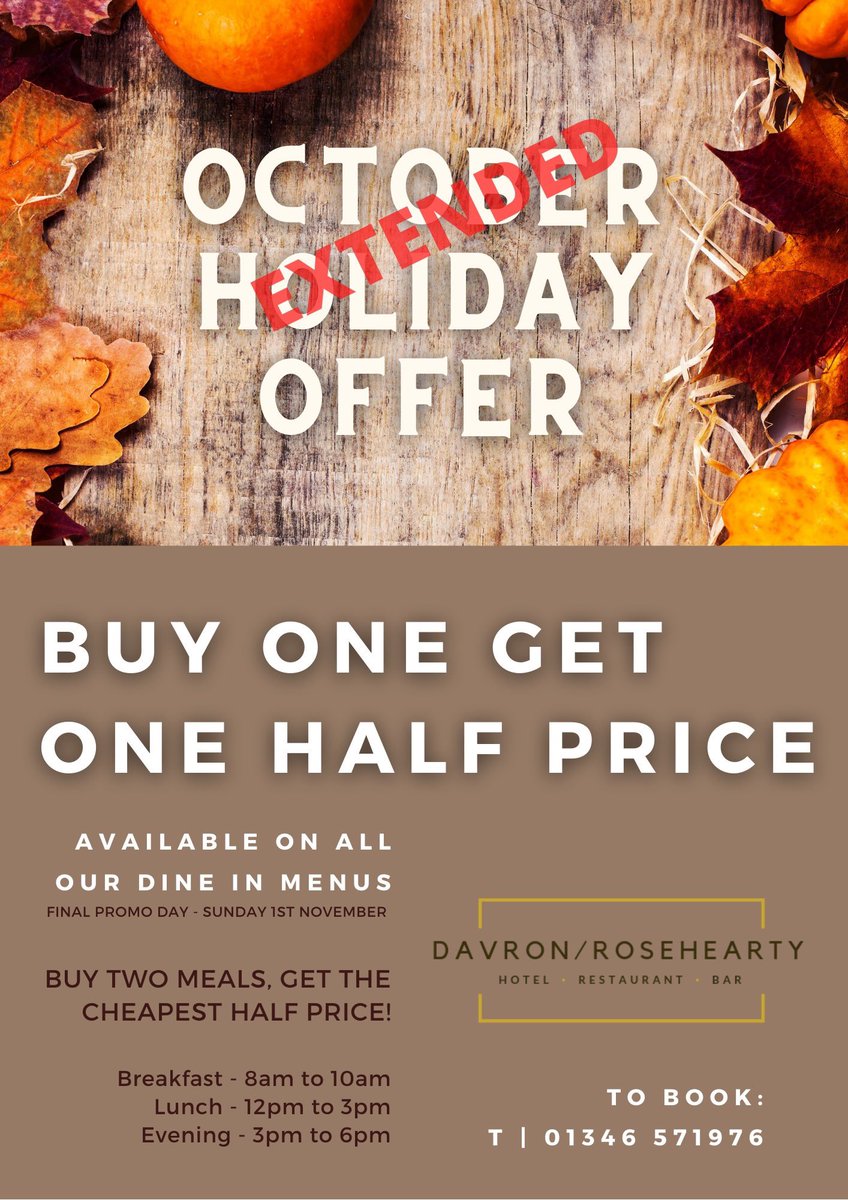E X T E N D E D   P R O M O 🔥

BUY 1 GET 1 HALF PRICE - EXTENDED FOR NEXT WEEK!

Monday to Sunday -12pm to 6pm!  🍁🍂

Last day of the deal is Sunday 1st November 🗓

The deal applies to all meals and courses in our restaurant.

To book:
Call | 01346 571976 ☎️