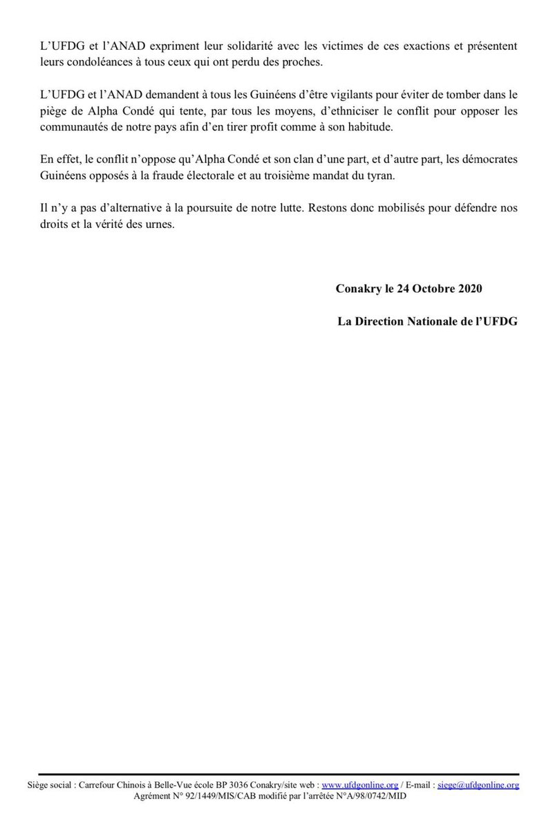 Cellou_UFDG's tweet photo. Nous refusons les résultats proclamés par la CENI et continuons les manifestations pour protester contre le hold-up en cours. Dans ce combat, évitons de suivre @alphacondepresi dans l’ethnicisation du conflit qui n’est que politique. 
Le Droit et la victoire sont de notre côté ! https://t.co/LY1113dSio