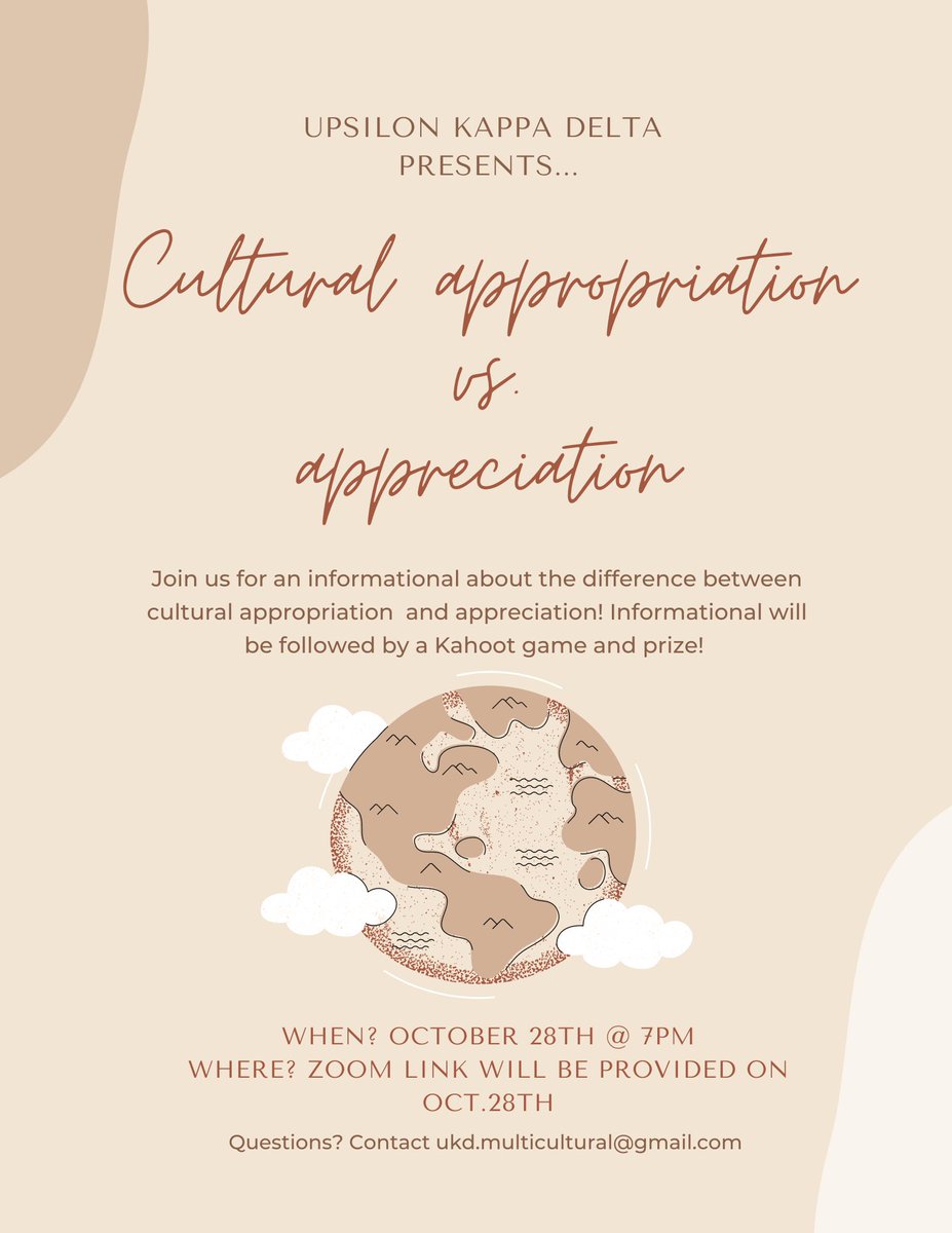 SDSU_UKD's tweet photo. The ladies of Upsilon Kappa Delta would like to invite you to our informational on Oct. 28th @ 7pm! With Halloween and other festivities coming up, we would like to shed light in the difference between cultural appropriation and appreciation! We hope to see you there! https://t.co/NGQiIxhkjT