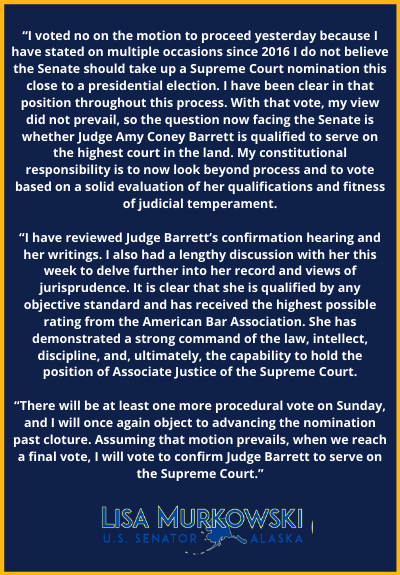 lisamurkowski's tweet photo. Today, I issued the following statement on the nomination of Judge Amy Coney Barrett to serve as the next Associate Justice of the U.S. Supreme Court (https://t.co/boM8FJQHZ4): https://t.co/BiwHMBcLaL