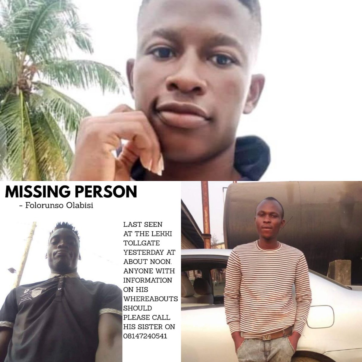 clingyteddy's tweet photo. @Sonjoe_Kutuh We received report that Mike and Ayo-Olagunju have been found thanks 2 ur RT
#lekkimissingpersons
Michael Essien
Stanley Divine
Folorunso Olabisi
Ossai Joshua
Benedict Obong
Francis Kelechukwu ogba
Wisdom Okon .. 

Let's work on these and hope they are found too #EndSARS https://t.co/iLx8VXVIBK