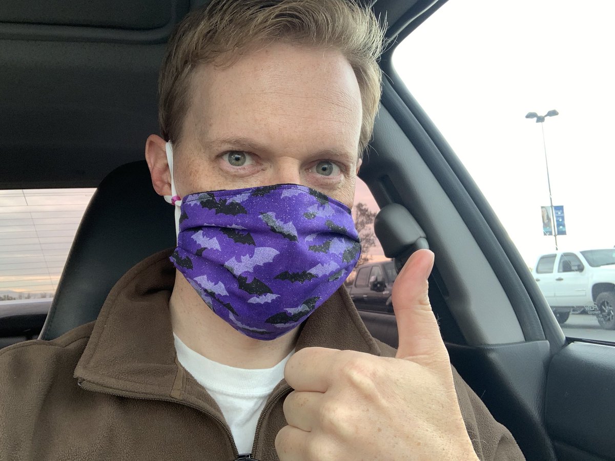 ashergrey's tweet photo. Thanks to @RacholTamra for the new mask. Purple for #DomesticViolenceAwarenessMonth and bats because hey, it’s October. https://t.co/Ehr7wV08um