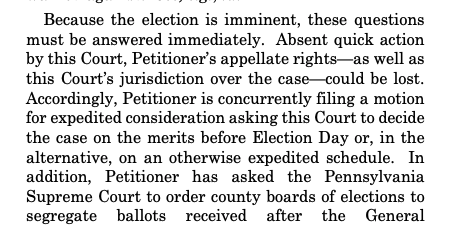 - So now a cert petition has been filed with SCOTUS, and the PA GOP is asking the justices for "expedited consideration" —  "to decide the case on the merits before Election Day or, in the alternative, on an otherwise expedited schedule"