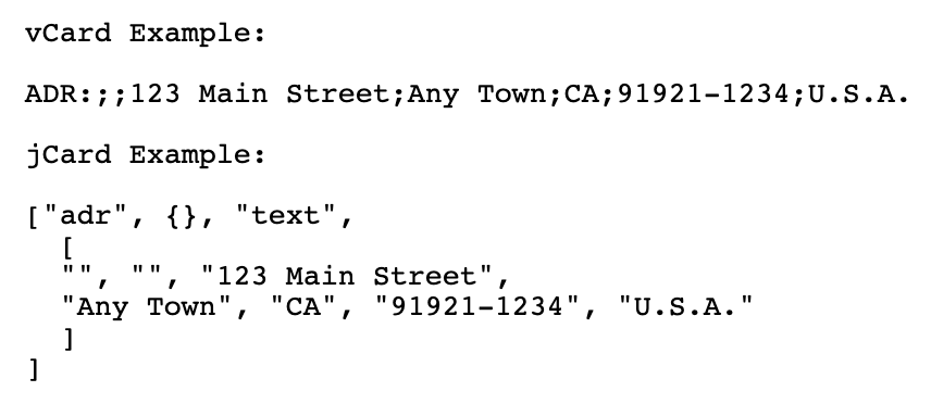 I went looking for a more modern version of vCard and now I'm sad. 

tools.ietf.org/html/rfc7095