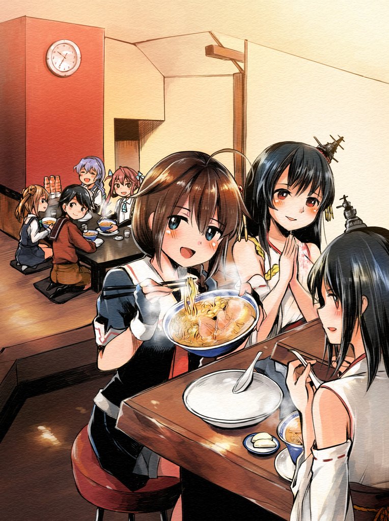 朝雲(艦これ) ,扶桑(艦これ) ,満潮(艦隊これくしょん) ,最上(艦隊これくしょん) ,時雨(艦これ) ,山雲(艦隊これくしょん) ,山城(艦これ) 「西村艦隊がラーメンを食べている絵です。 」|桐沢十三🐐元構造解析全7巻発売中🐹のイラスト