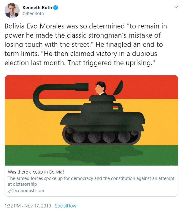 2/Last year, shortly after Morales had to flee the country to avoid being lynched, Roth regurgitated  @theEconmist 's take on the coup calling Morales a "strongman" and his violent ouster as an "uprising".