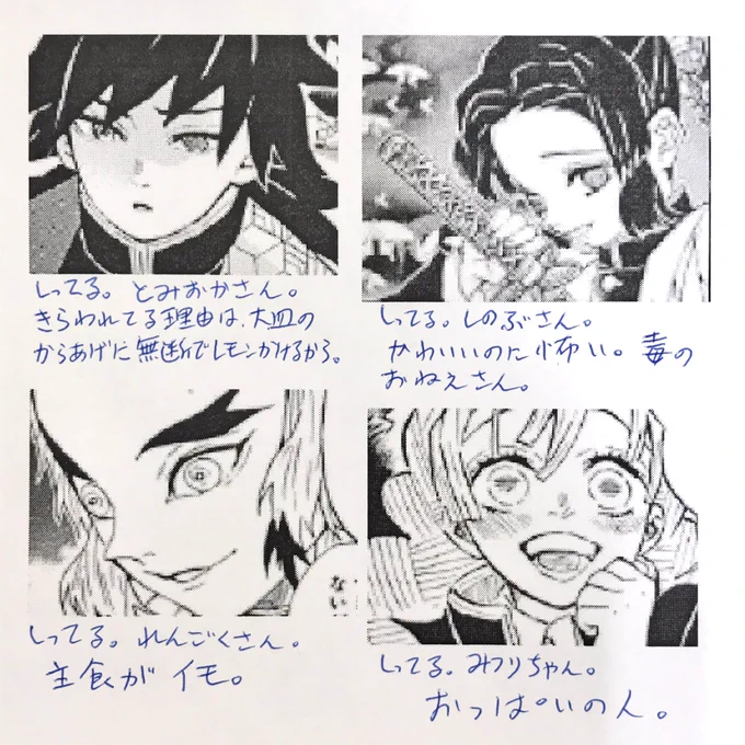 鬼滅のコスとかイメージ作品とか良いと思うとわりと軽率にいいねとかRTするけど鬼滅ほぼわかりませんすみません。
どのくらいわからないかっていうと、このくらいです。
見た事ないキャラは全て想像で書きましたすみません。 