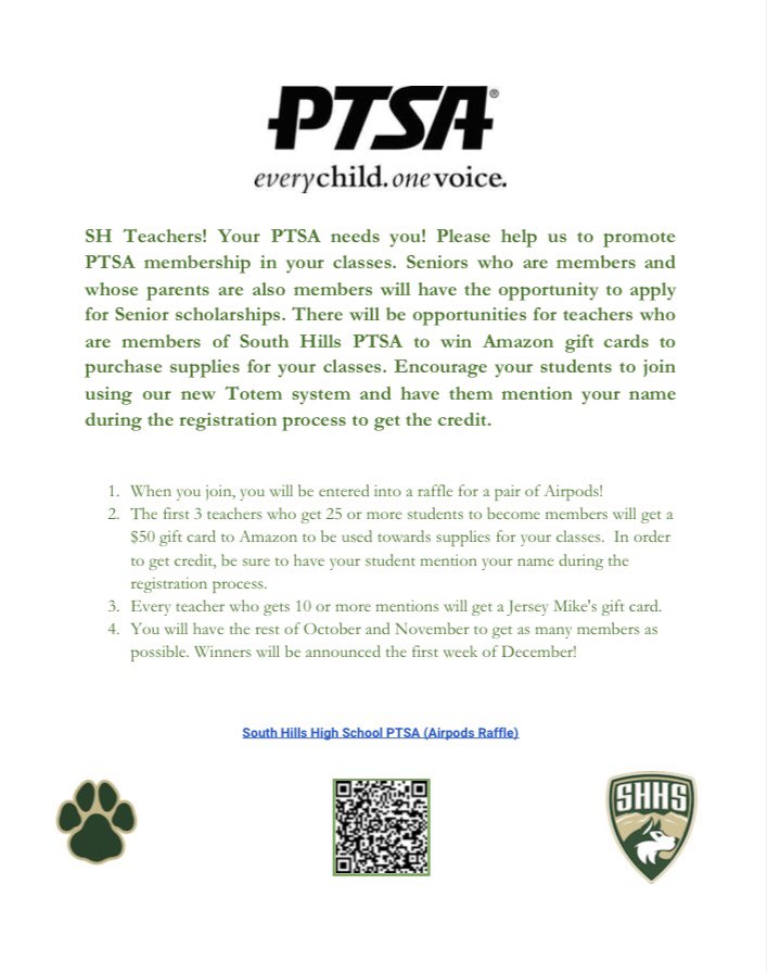 Attention Huskies help your teachers get a chance to win some prizes! 
Teachers, help us promote our PTSA membership sales and get a chance to win some prizes! (Details in post) Encourage students to purchase a membership and participate in our raffle! 💚💛🐾