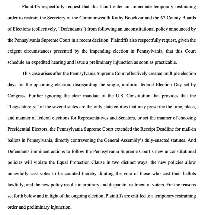 - Meanwhile pt. II: There's a separate case pending in federal court where a GOP congressional candidate and PA voters are challenging the PA Supreme Court's decision extending the absentee ballot deadline as unconstitutional. TRO hearing set for 10/27  https://assets.documentcloud.org/documents/7275818/10-22-20-Bognet-v-Boockvar-TRO-Motion.pdf