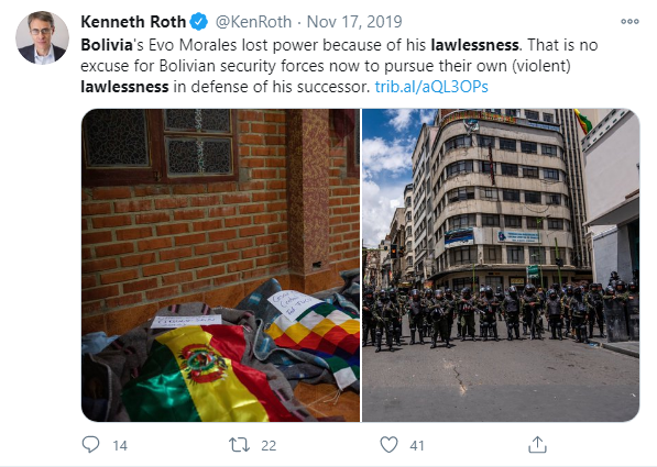 3/  @KenRoth also called  @evoespueblo "lawless" and equated him to the US-backed dictatorship that massacred his supporters shortly after the coup.