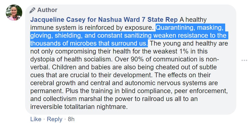 Some of these GOP  #NHHouse candidates sound a little extreme.  #NHPolitics"Quarantining, masking, gloving, shielding, and constant sanitizing weaken resistance to the thousands of microbes that surround us … an irreversible totalitarian nightmare." - Jacqueline Casey, R-Nashua