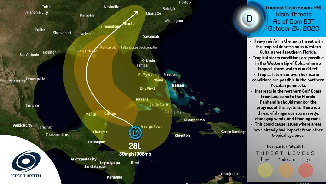 ForceThirteen's tweet photo. #TropicalDepression28 has formed and is expected to impact #Cuba and the #YucatanPeninsula as a #TropicalStorm before becoming a #Hurricane in the #GulfOfMexico. It will then pose a threat to #Louisiana, and #Mississippi. #Force13 #28L #TropicalDepression https://t.co/EPOVe3I7lq