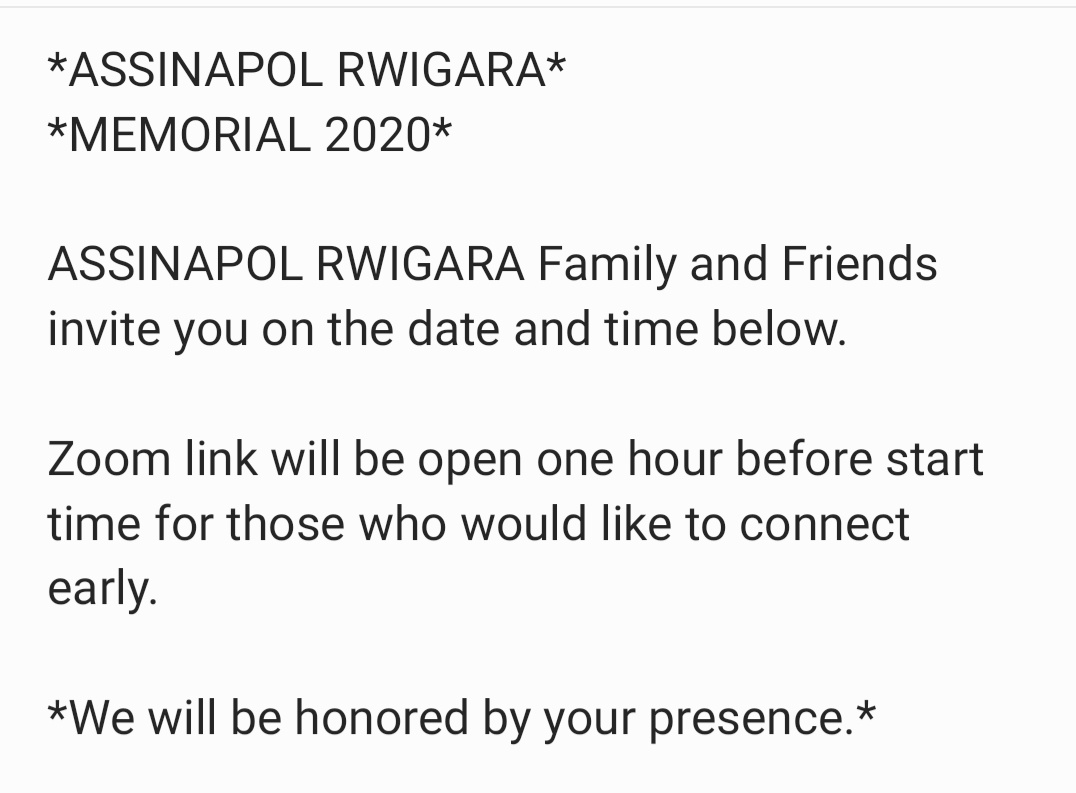 rwigara_justice's tweet photo. Join #Rwigara Memorial on Zoom.

DATE: 

Sunday 25 Oct 2020

TIME:

- 10:00 am LA/Pacific

- 1:00 pm NY/DC/Ontario

- 6:00 pm / 18:00 Brussels

- 7:00 pm / 19:00 Kigali

https://t.co/v1LoCtQvhj

Meeting ID: 853 3134 0990

Passcode: 050719 https://t.co/0oI7LWwQUB