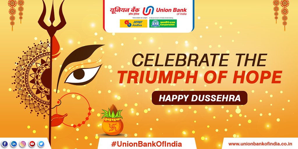 UnionBankTweets's tweet photo. #UnionBankOfIndia wishes you and your family a very #HappyDussehra! May this auspicious occasion bring victory of good over evil. #Dussehra2020 #HappyDussehra https://t.co/v6Ze2YLUZ0