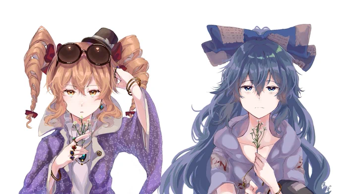 「二輪の花言葉」
依神姉妹を描きました!久々に描いていてとても楽しかったです。 
