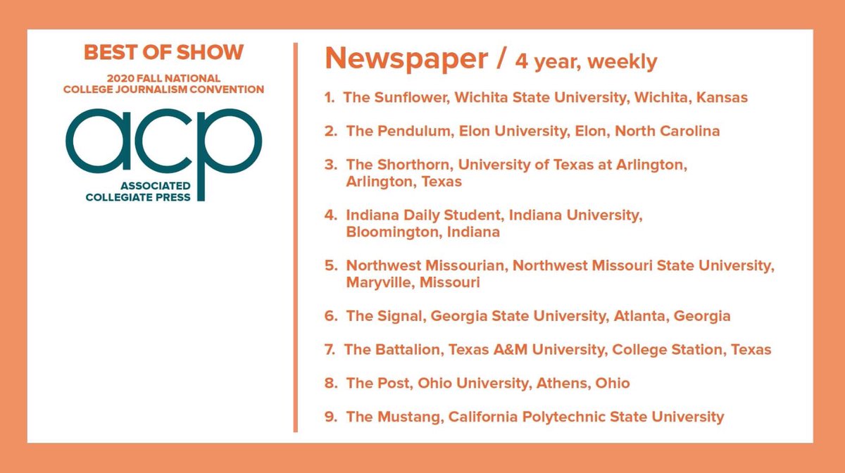 Lindsay_KSmith's tweet photo. The Sunflower just won 1st place Best of Show for both print newspaper and news website at the National College Media Convention. To say I’m thrilled would be an understatement. Proud to be a Sunflower!🌻 @sunflowernews https://t.co/kkQkQbZADc