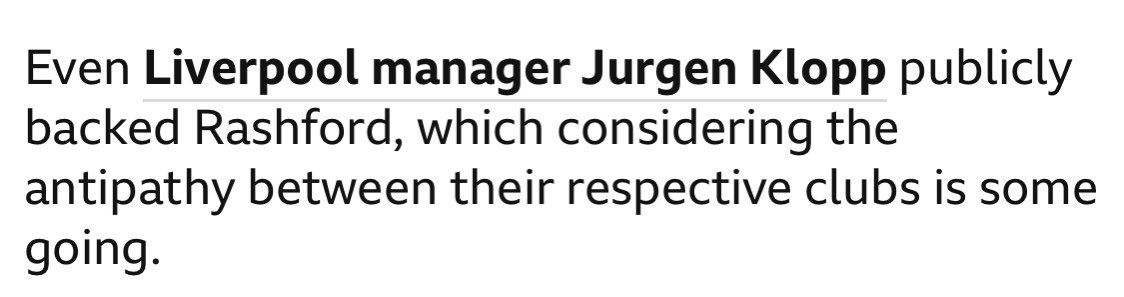kajcarroll's tweet photo. @BBCSport what’s going on with this quote? As a Liverpool fan I can easily acknowledge that @MarcusRashford is spot on. The club I support doesn’t matter! https://t.co/9uKOb5qAul