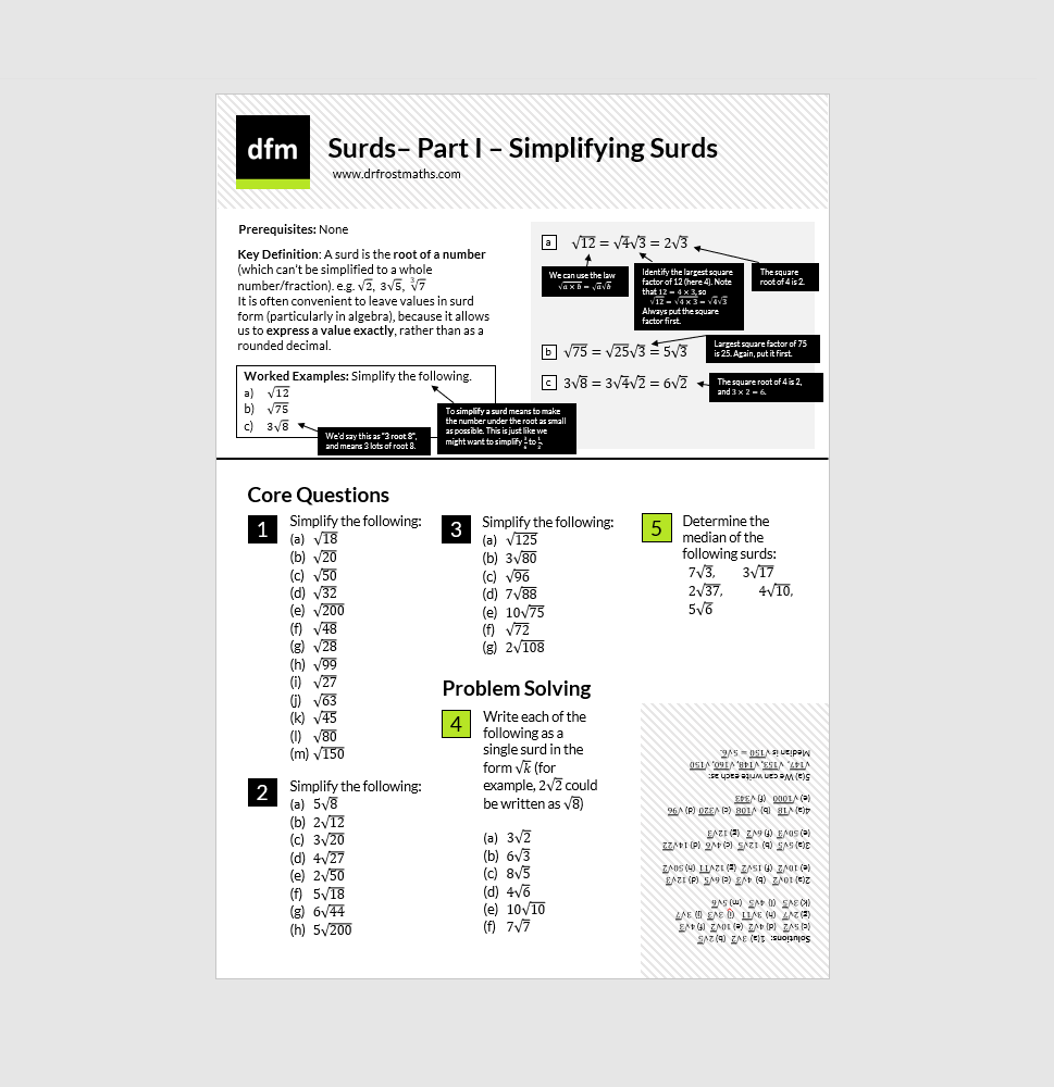 New All-in-One worksheet: Surds - Part I - Simplifying Surds. These are racking up now, so will imminently reorganise the page to access these. drfrostmaths.com/sow.php?year=%…